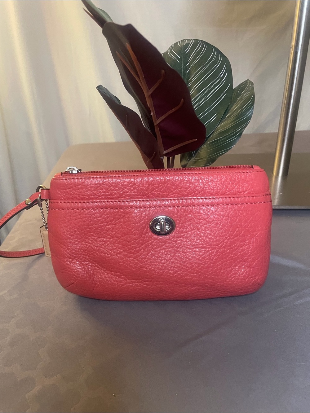 Coach Coral Pink Pebbled Leather Wristlet